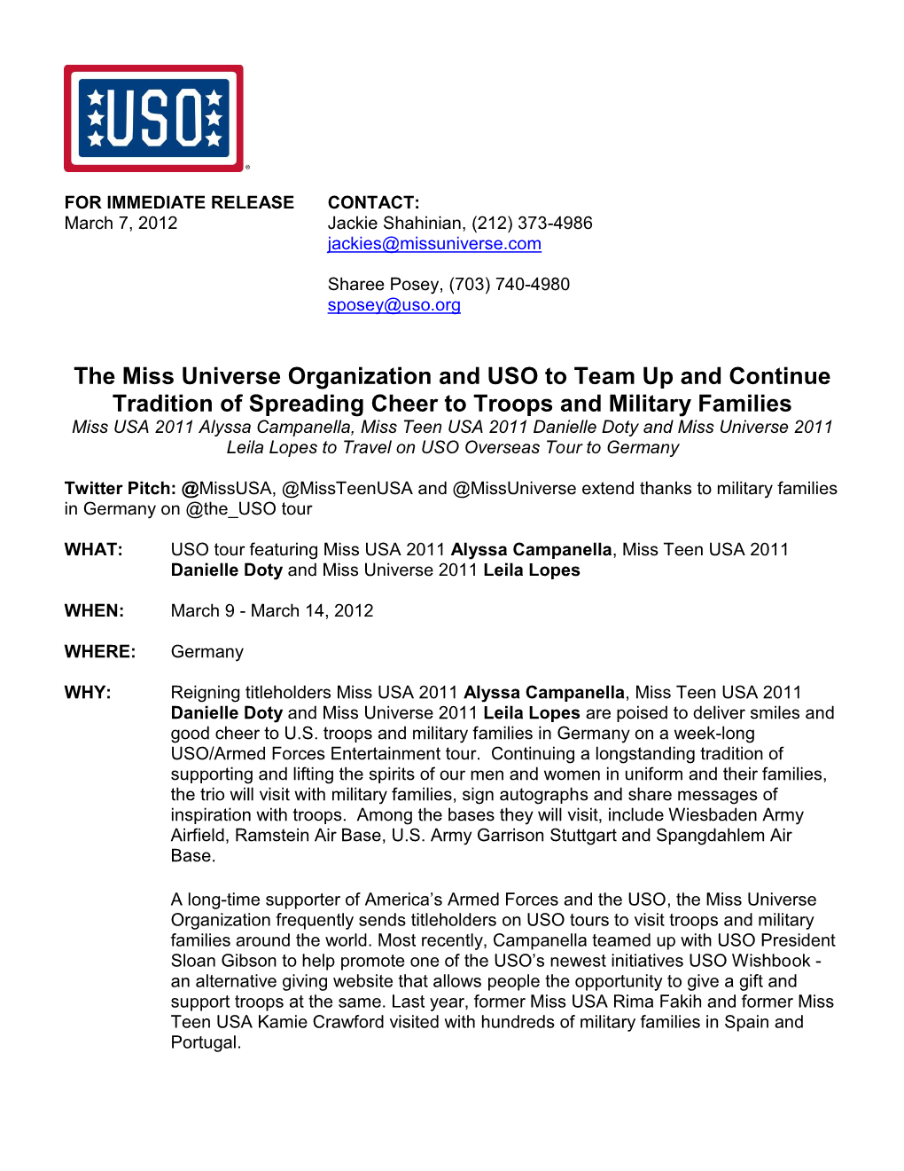 The Miss Universe Organization and USO to Team up and Continue
