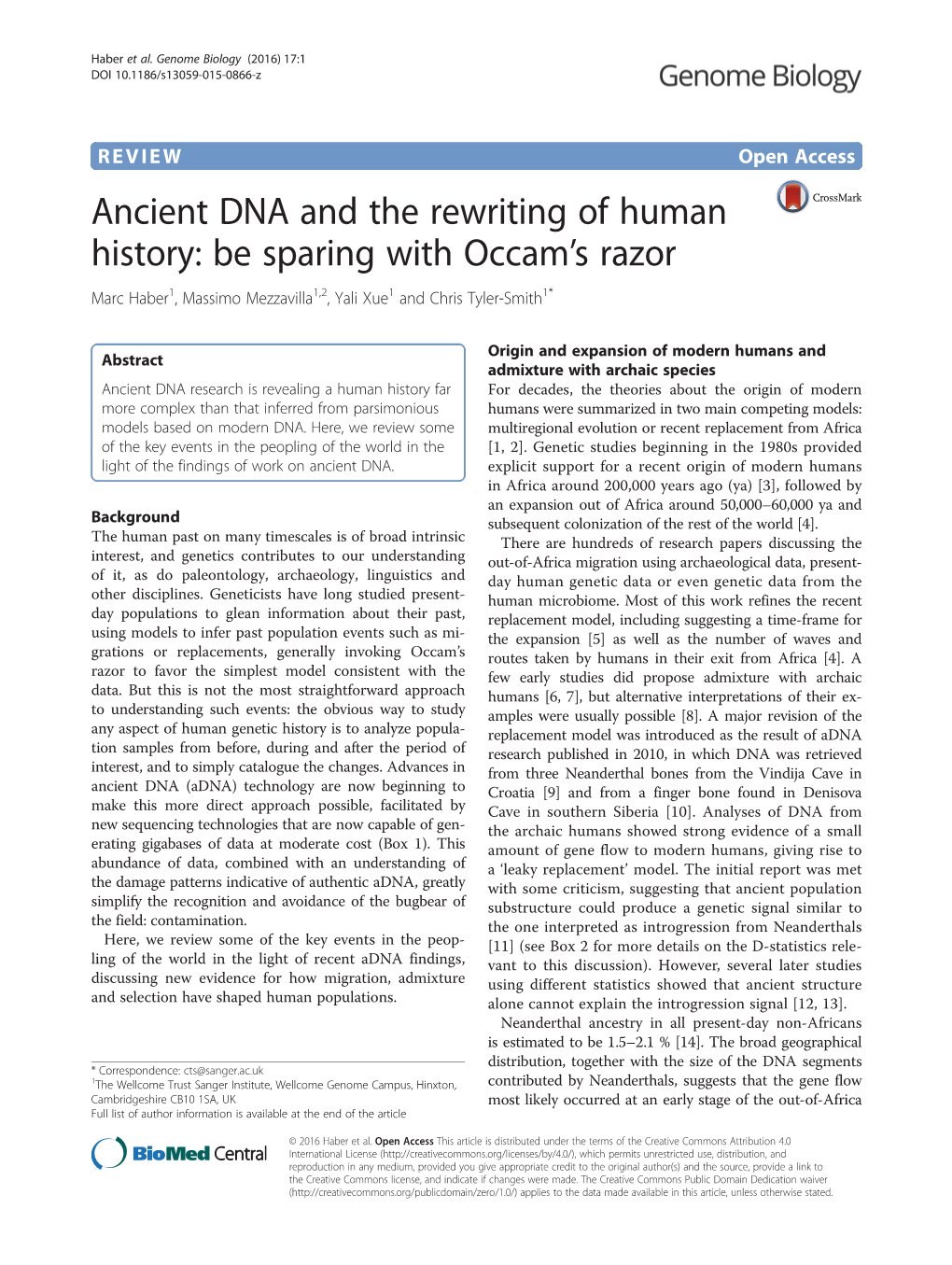 Ancient DNA and the Rewriting of Human History: Be Sparing with Occam’S Razor Marc Haber1, Massimo Mezzavilla1,2, Yali Xue1 and Chris Tyler-Smith1*