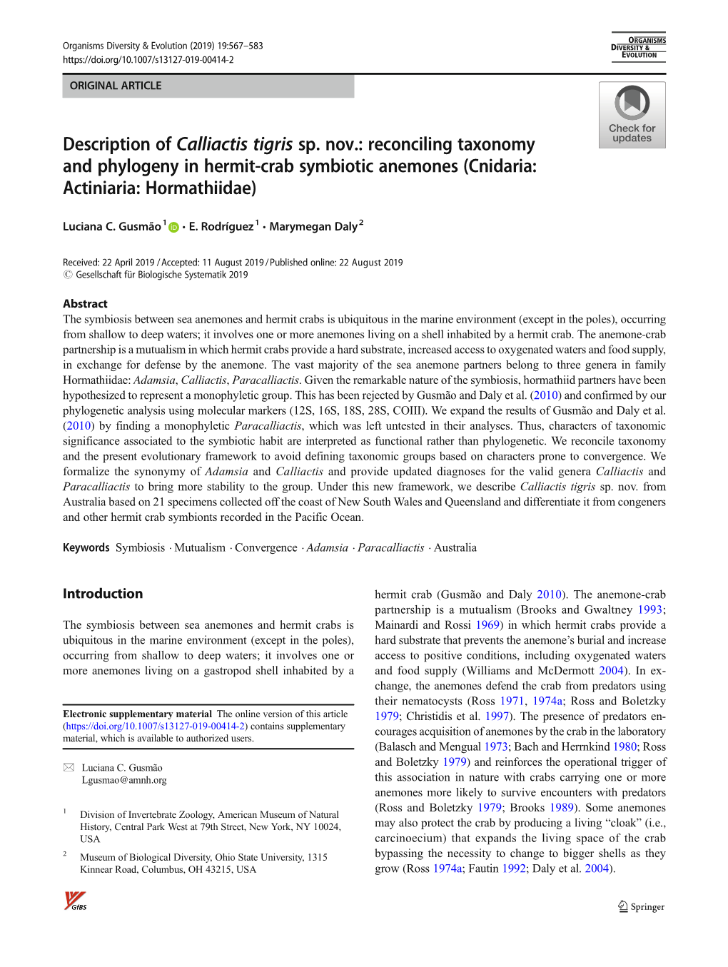 Reconciling Taxonomy and Phylogeny in Hermit-Crab Symbiotic Anemones (Cnidaria: Actiniaria: Hormathiidae)