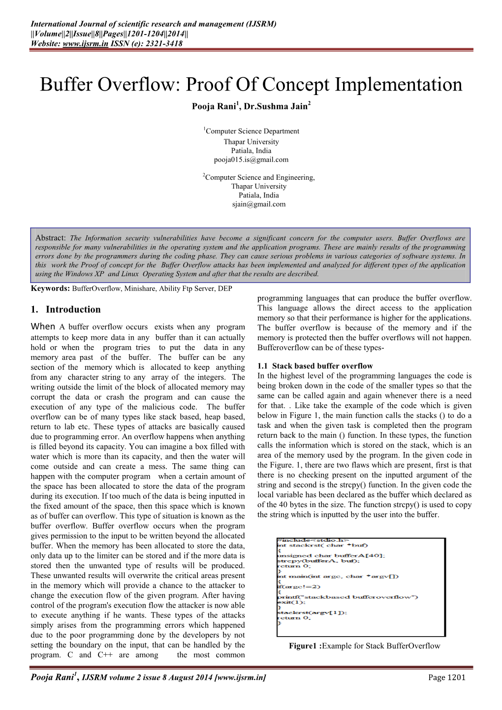 Buffer Overflow: Proof of Concept Implementation Pooja Rani1, Dr.Sushma Jain2