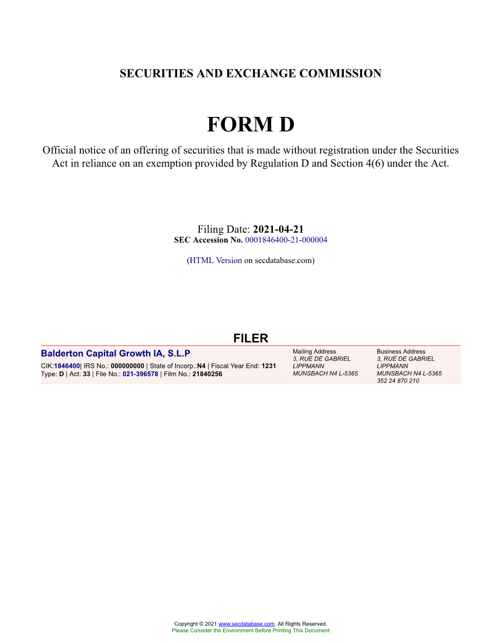 Balderton Capital Growth IA, S.L.P Form D Filed 2021-04-21