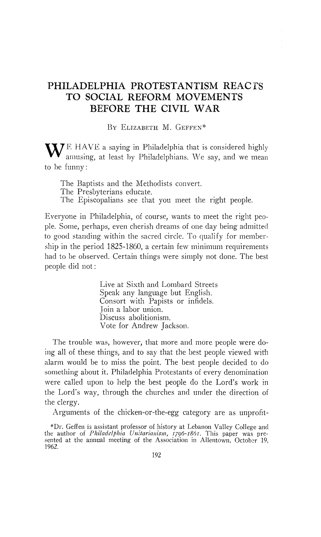 Philadelphia Protestantism Reacfs to Social Reform Movements Before the Civil War