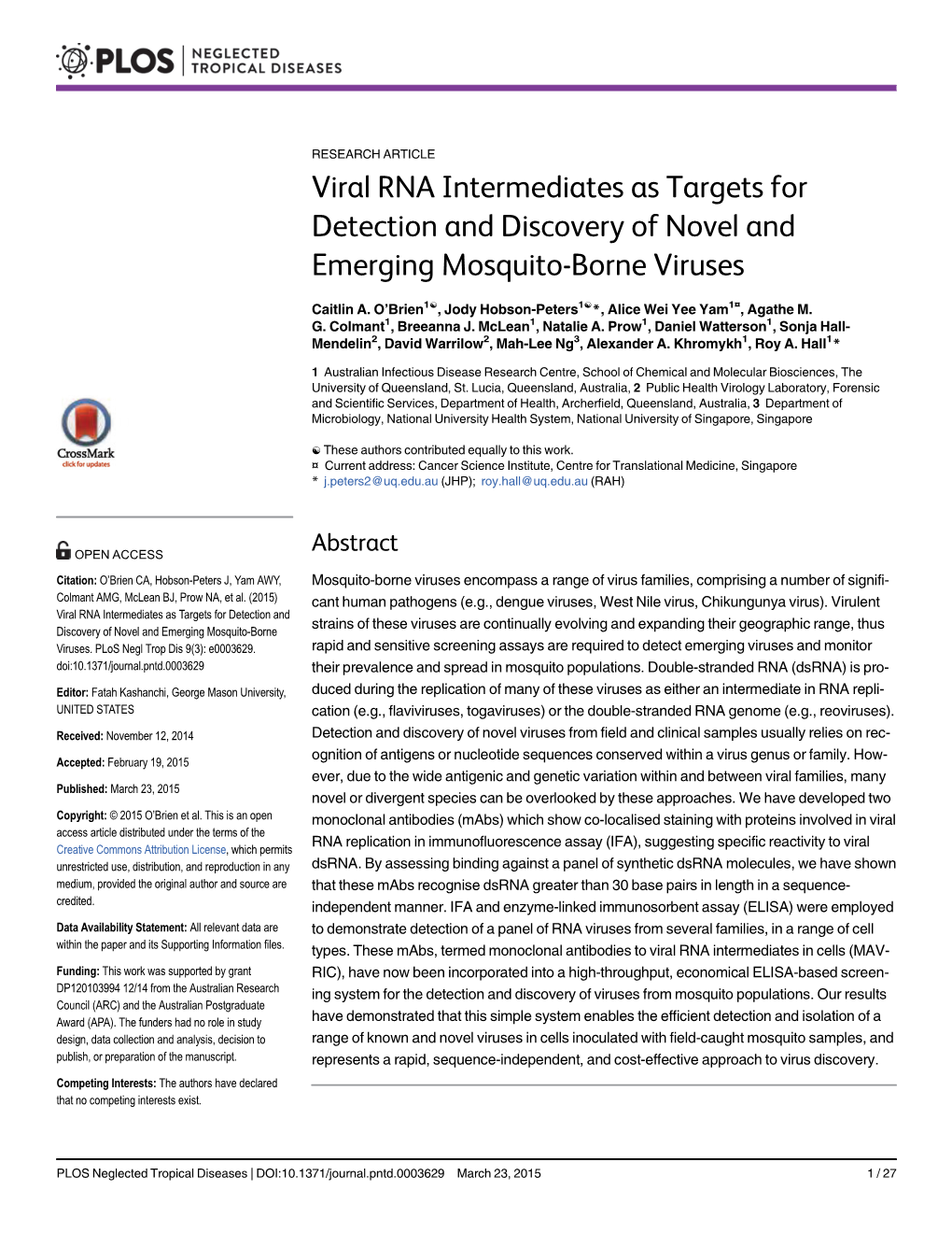 Viral RNA Intermediates As Targets for Detection and Discovery of Novel and Emerging Mosquito-Borne Viruses