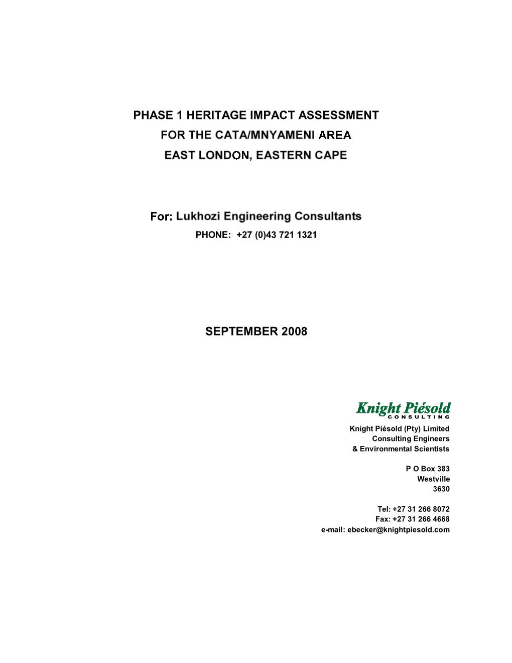 Phase 1 Heritage Impact Assessment September 2008