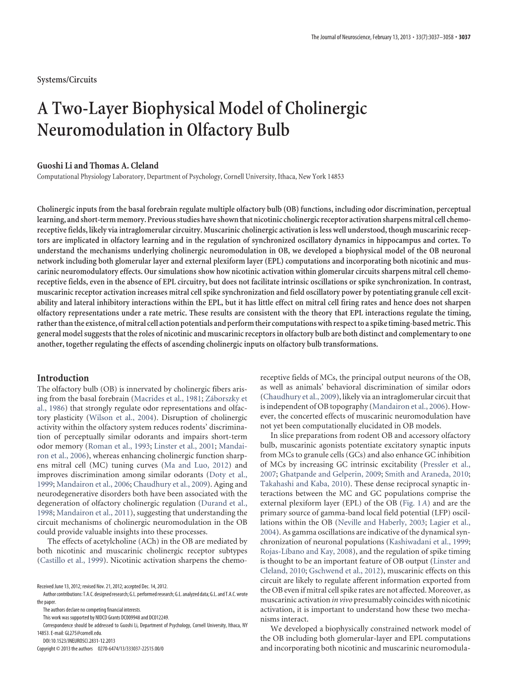 A Two-Layer Biophysical Model of Cholinergic Neuromodulation in Olfactory Bulb