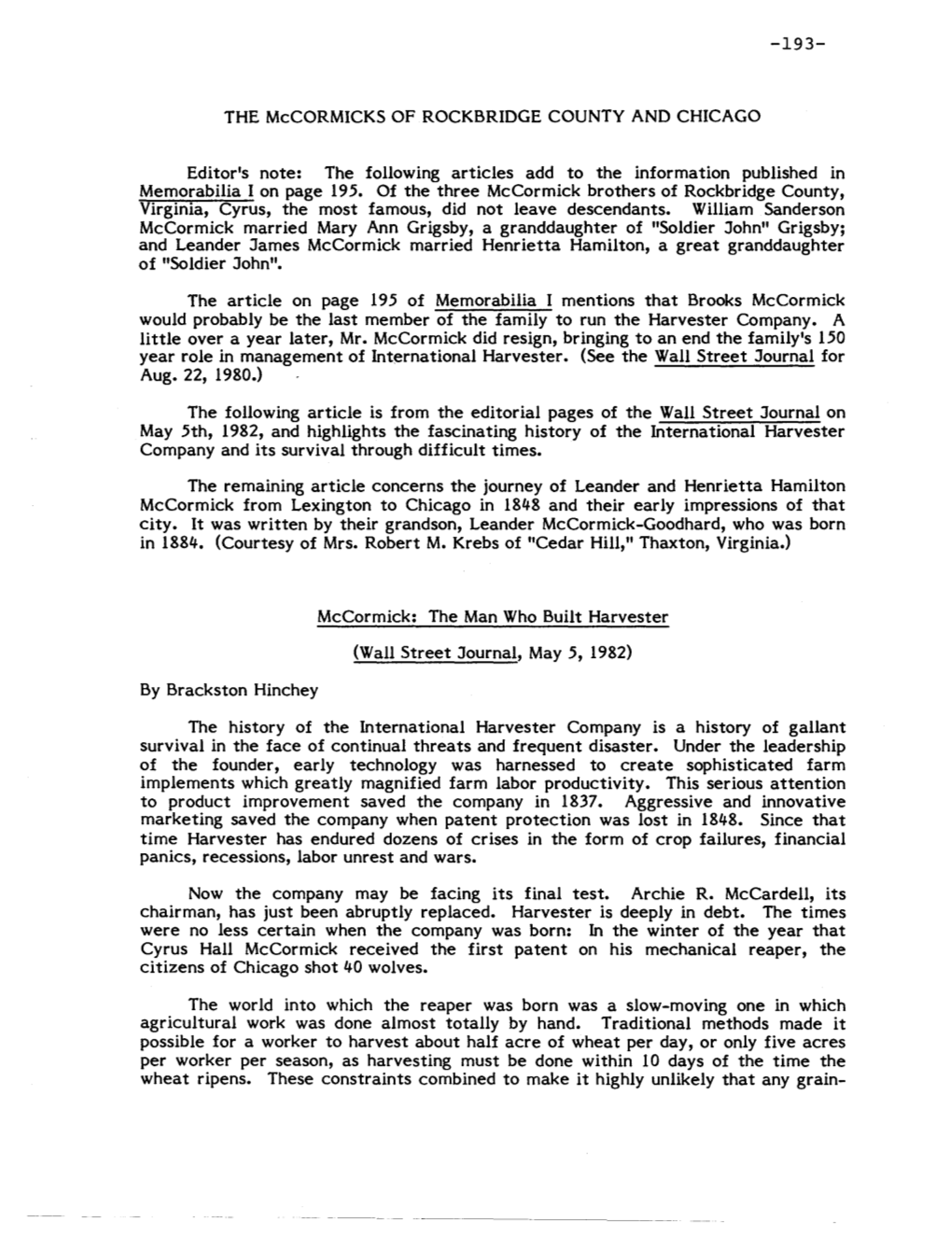 193- the Mccormicks of ROCKBRIDGE COUNTY and CHICAGO Editor's Note: the Following Articles Add to the Information Published In