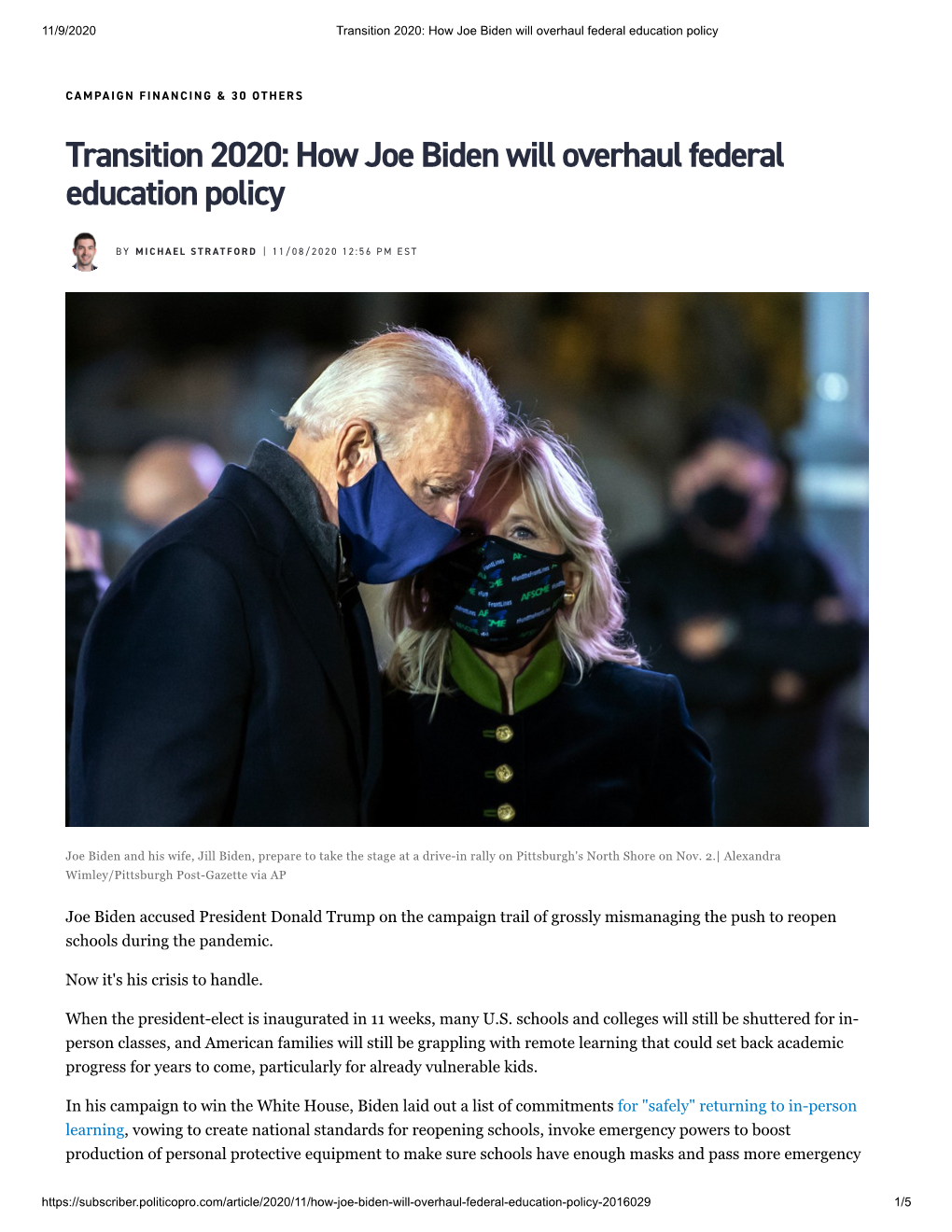 Transition 2020: How Joe Biden Will Overhaul Federal Education Policy S K I P to M a I N CO N T E N T
