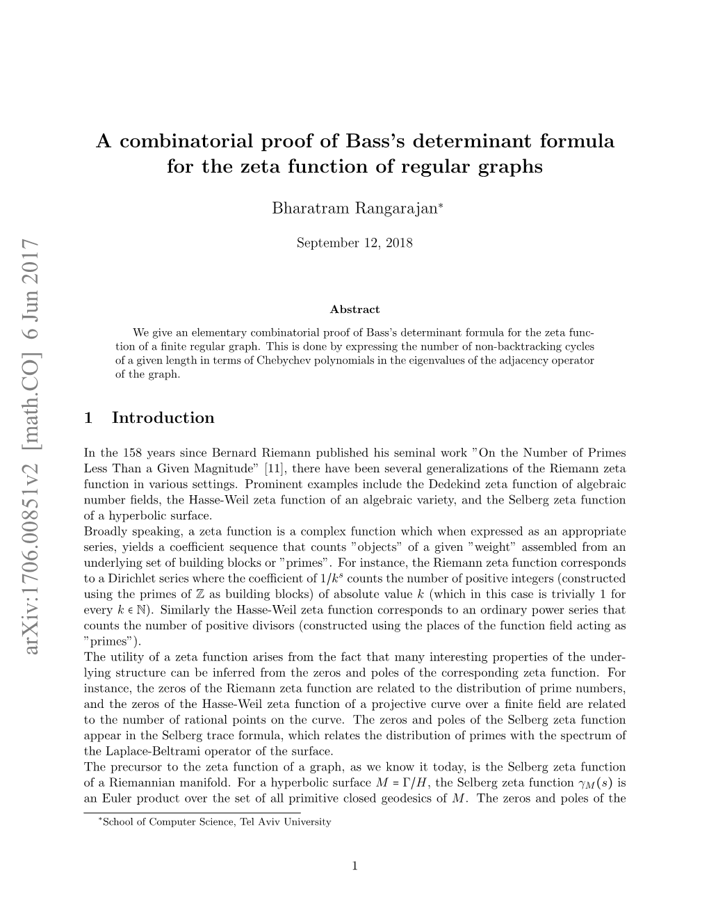 A Combinatorial Proof of Bass's Determinant Formula for the Zeta