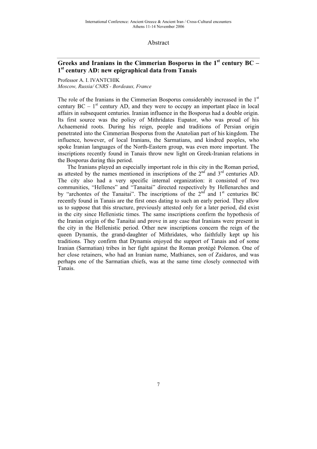 Greeks and Iranians in the Cimmerian Bosporus in the 1St Century BC – 1St Century AD: New Epigraphical Data from Tanais Professor A