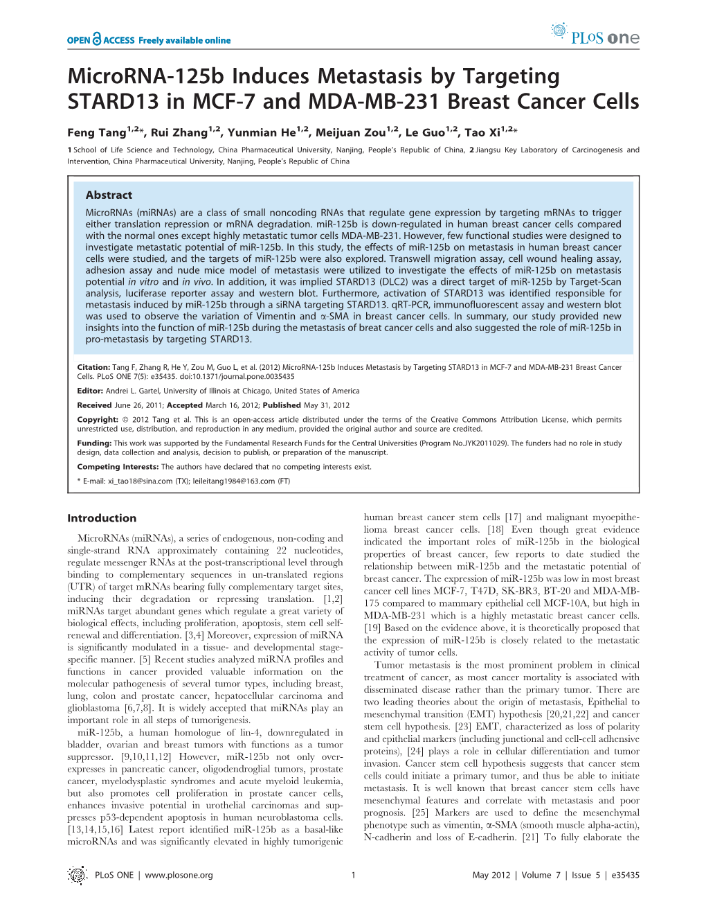 Microrna-125B Induces Metastasis by Targeting STARD13 in MCF-7 and MDA-MB-231 Breast Cancer Cells