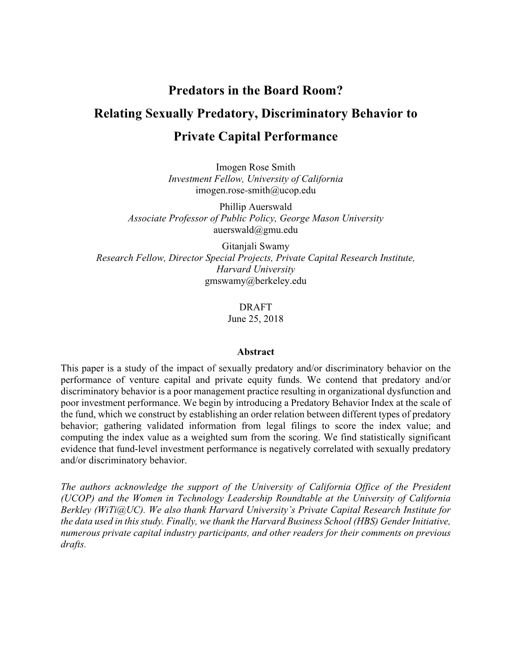 Predators in the Board Room? Relating Sexually Predatory, Discriminatory Behavior To