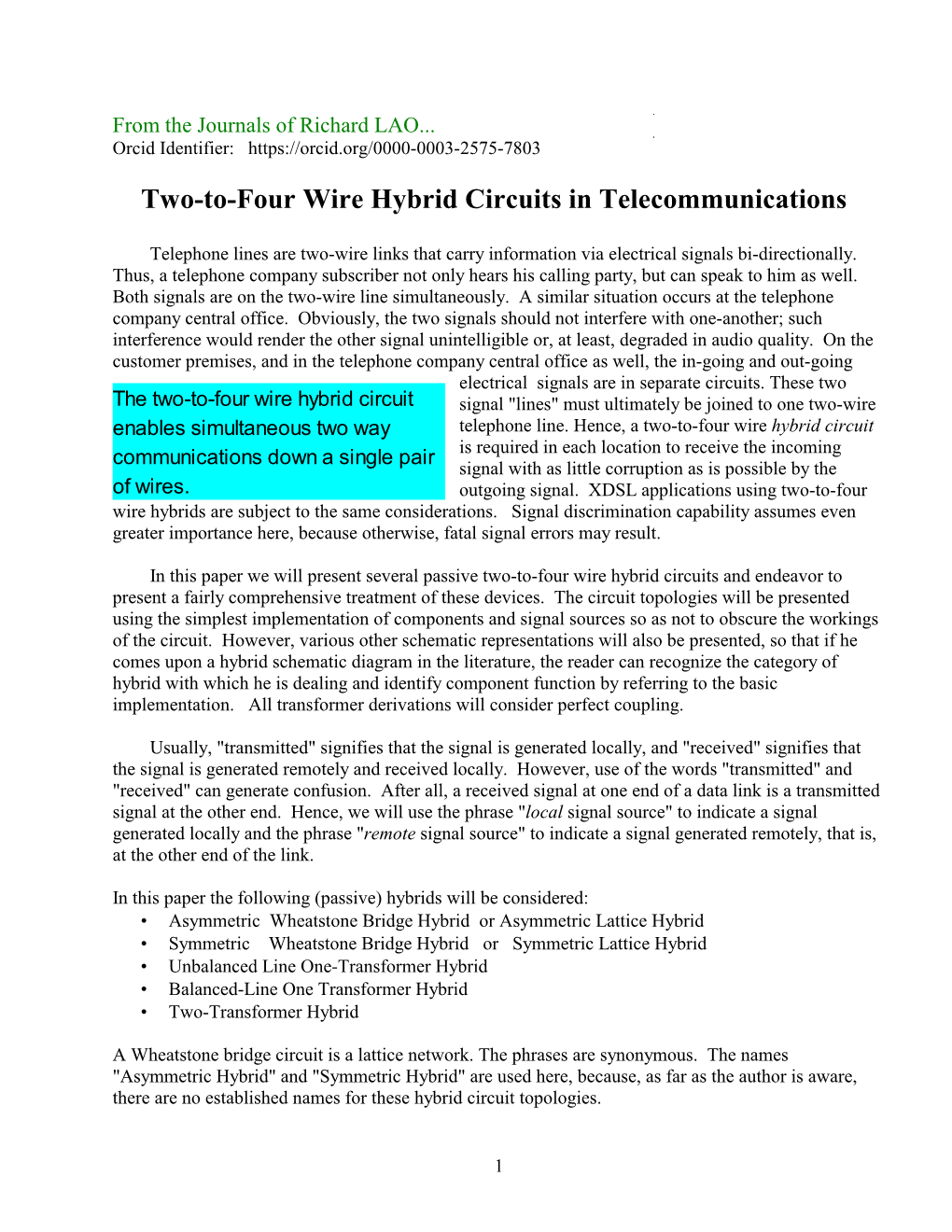 Two-To-Four Wire Hybrid Circuits in Telecommunications