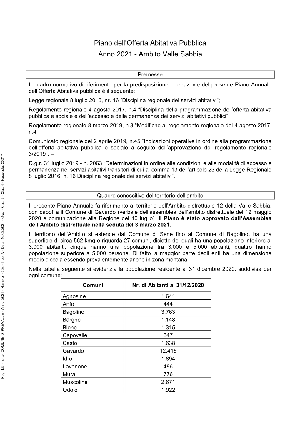 Piano Dell'offerta Abitativa Pubblica Anno 2021