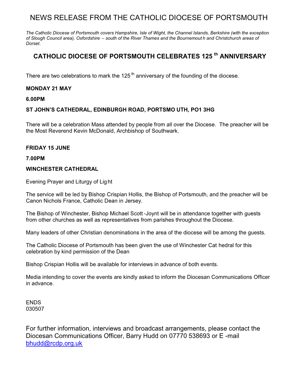 News Release from the Catholic Diocese of Portsmouth