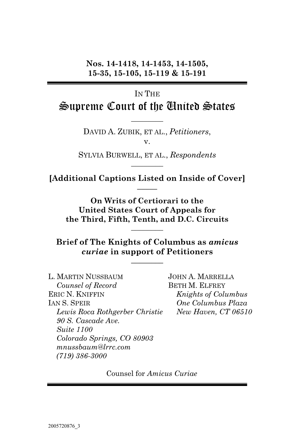 The Knights of Columbus As Amicus Curiae in Support of Petitioners ______