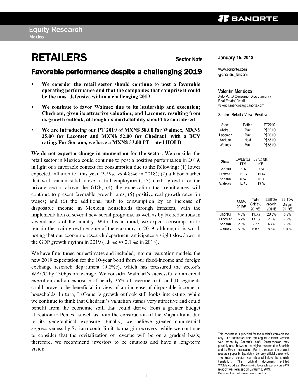 RETAILERS Sector Note January 15, 2018