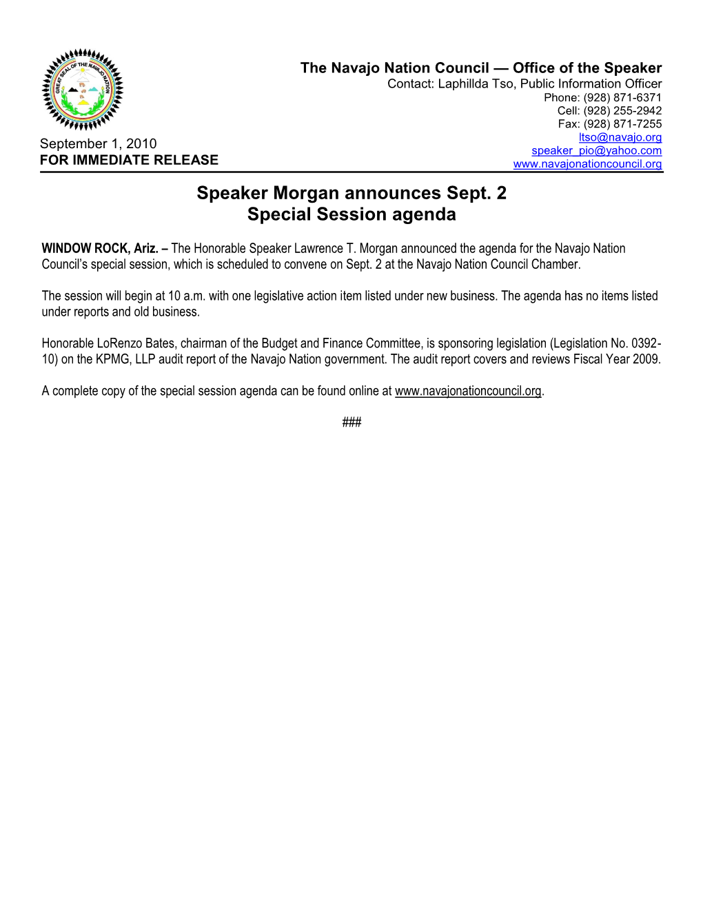 Speaker Morgan Announces Sept. 2 Special Session Agenda