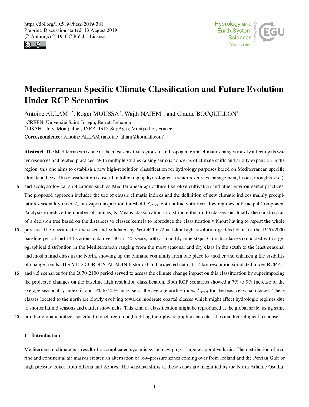 Mediterranean Specific Climate Classification and Future Evolution