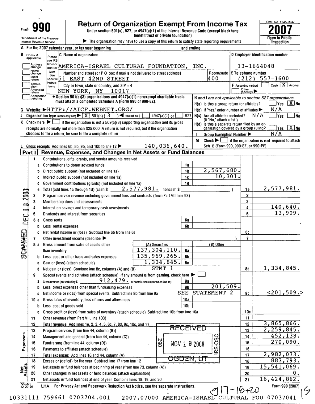 Return of Organization Exempt from Income Tax RECEIVED