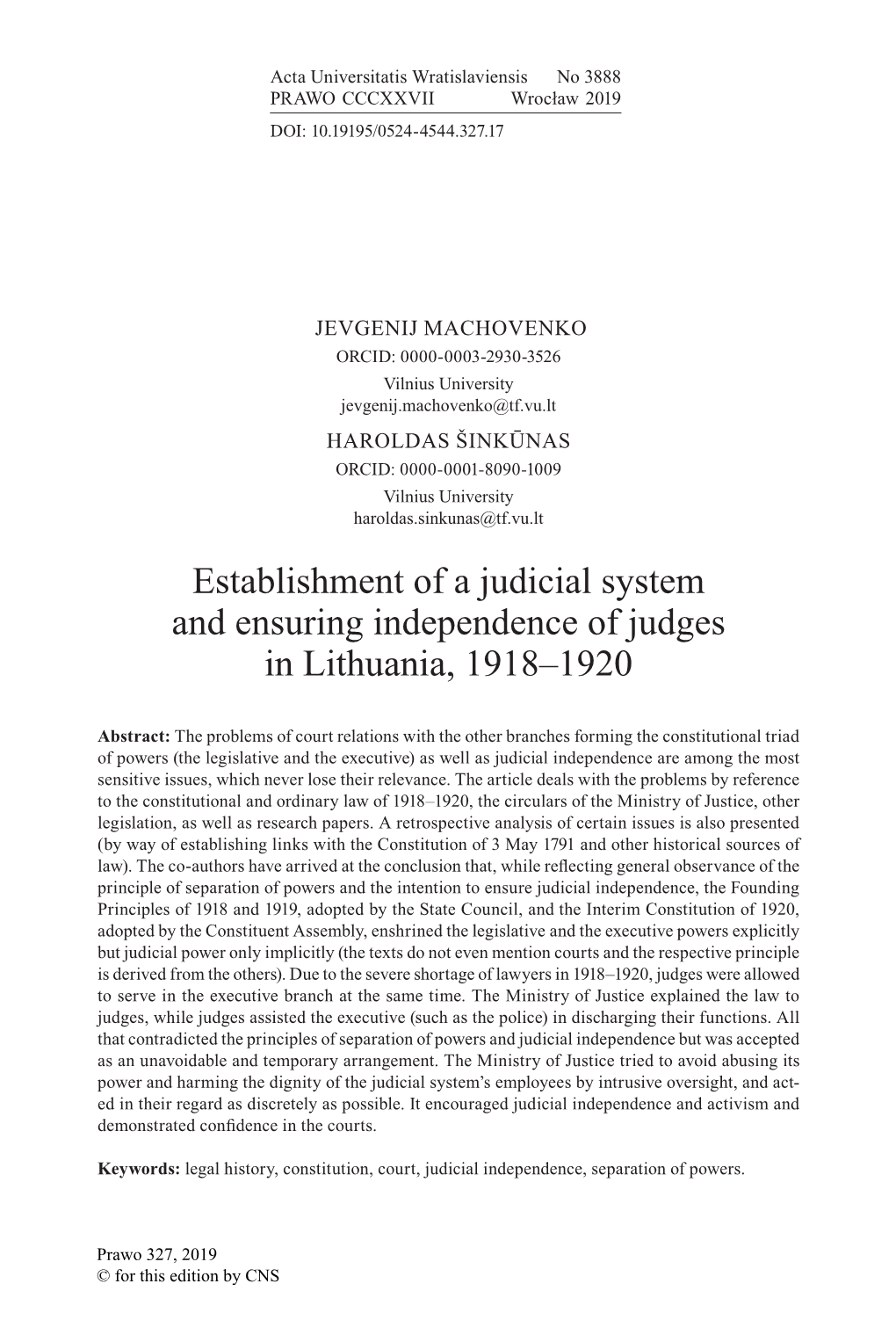 Establishment of a Judicial System and Ensuring Independence of Judges in Lithuania, 1918–1920