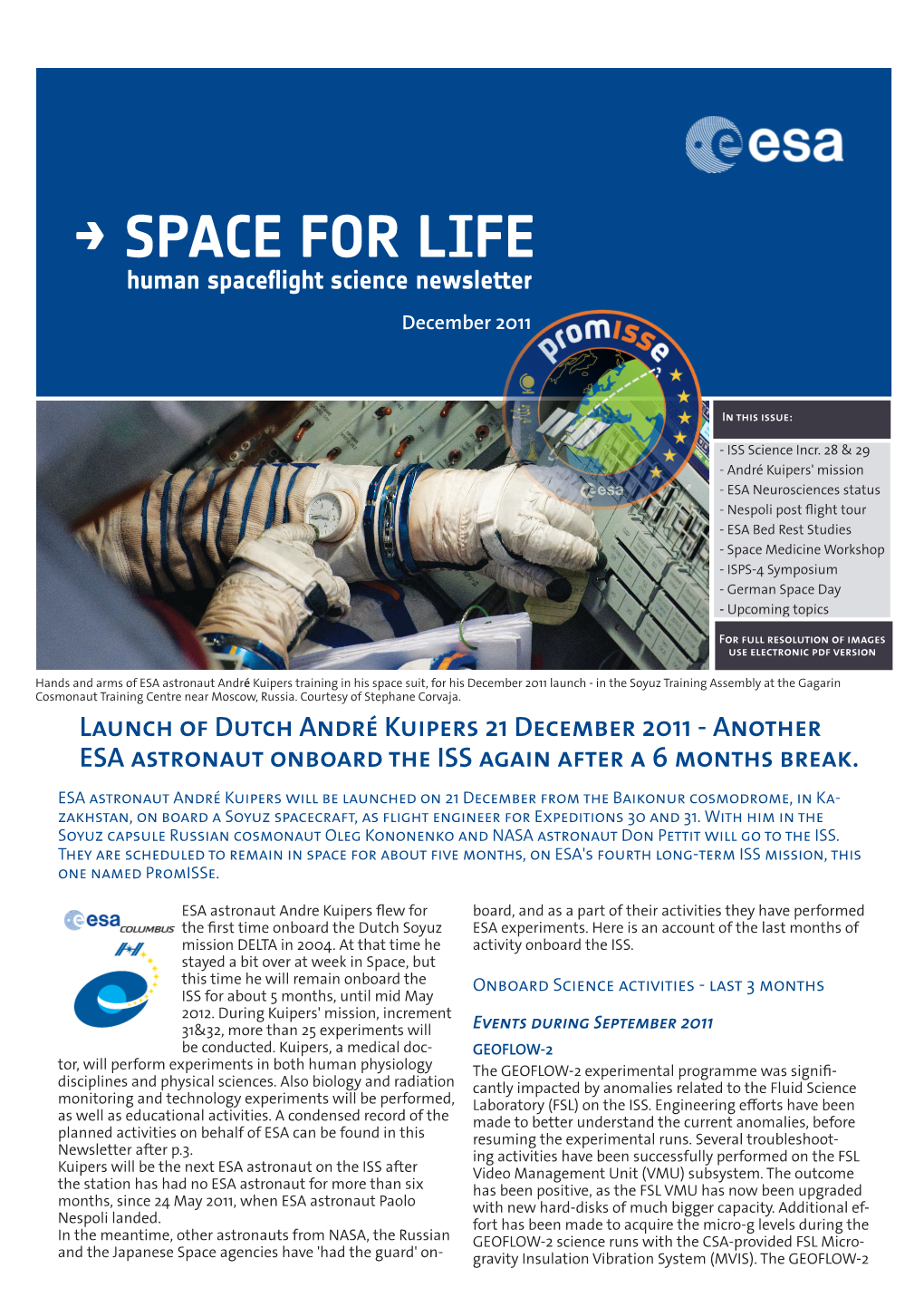 SPACE for LIFE Human Spaceflight Science Newsletter December 2011