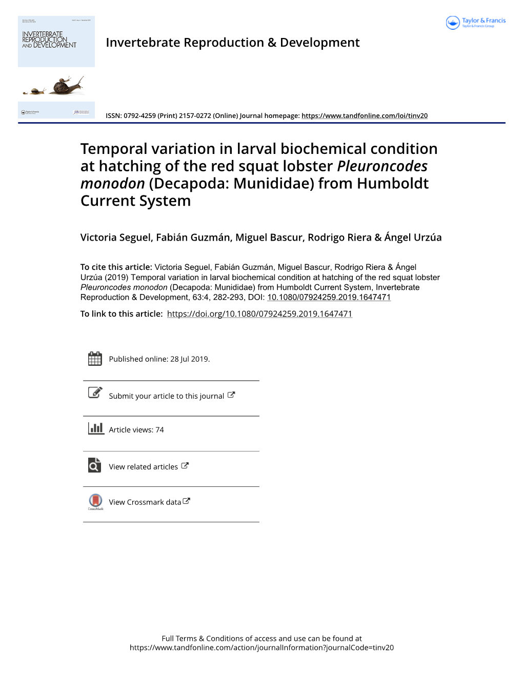 Temporal Variation in Larval Biochemical Condition at Hatching of the Red Squat Lobster Pleuroncodes Monodon (Decapoda: Munididae) from Humboldt Current System