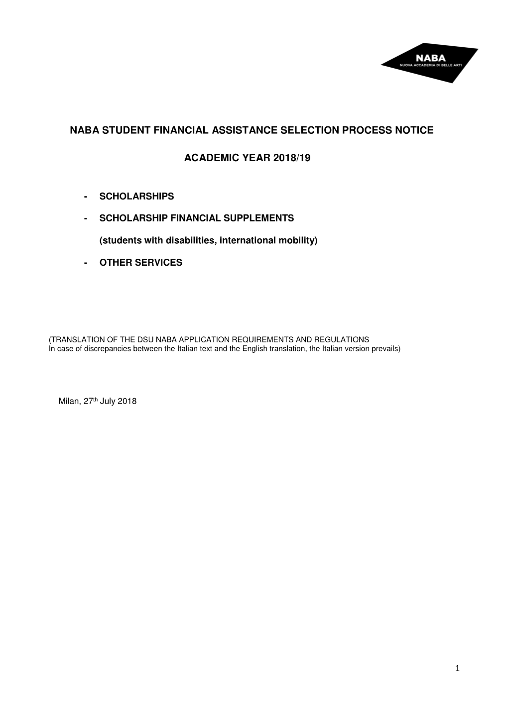 Naba Student Financial Assistance Selection Process Notice