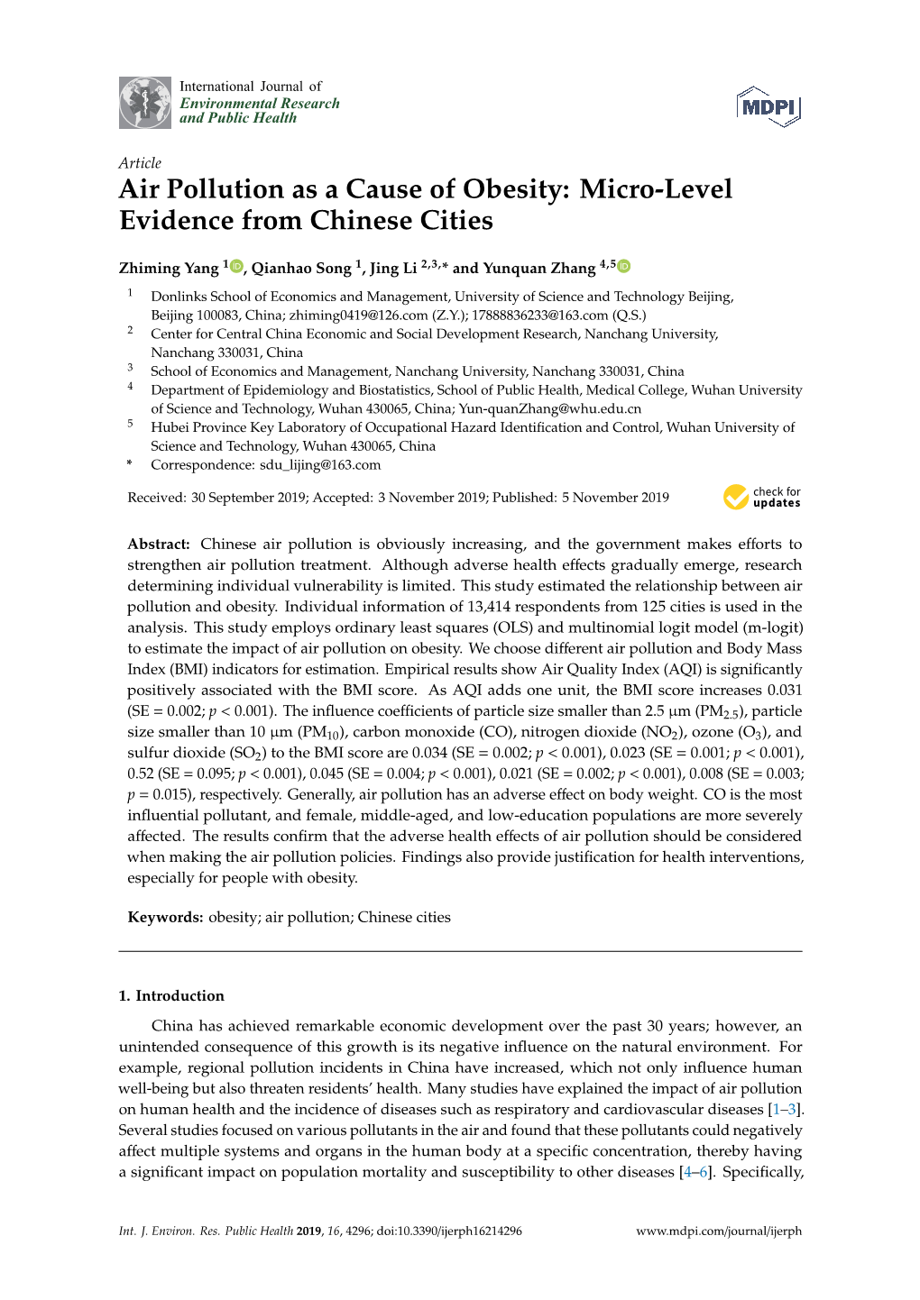 Air Pollution As a Cause of Obesity: Micro-Level Evidence from Chinese Cities