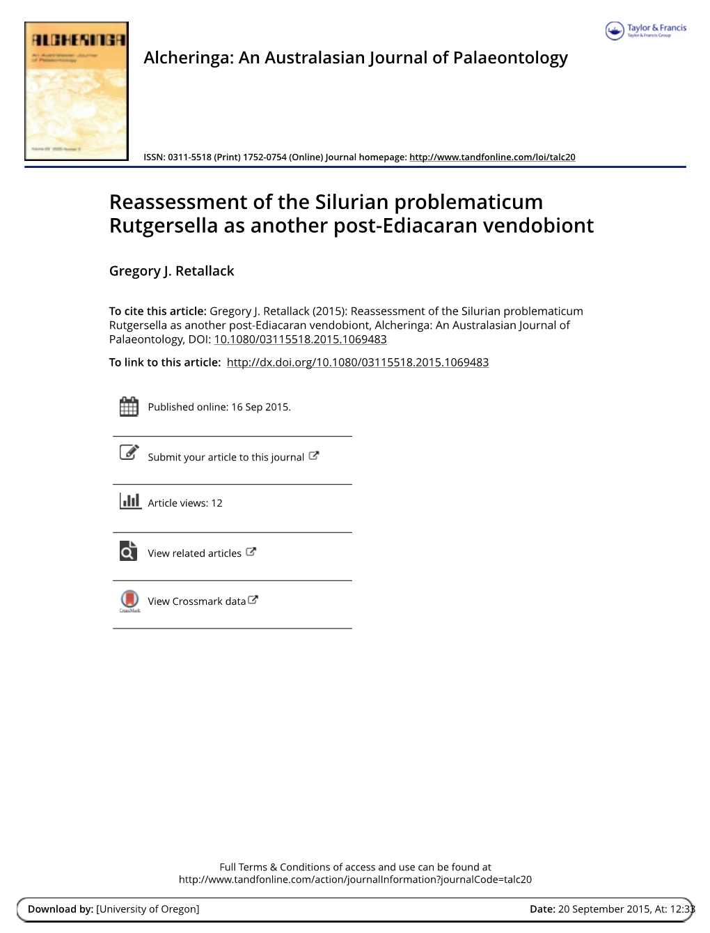 Reassessment of the Silurian Problematicum Rutgersella As Another Post-Ediacaran Vendobiont