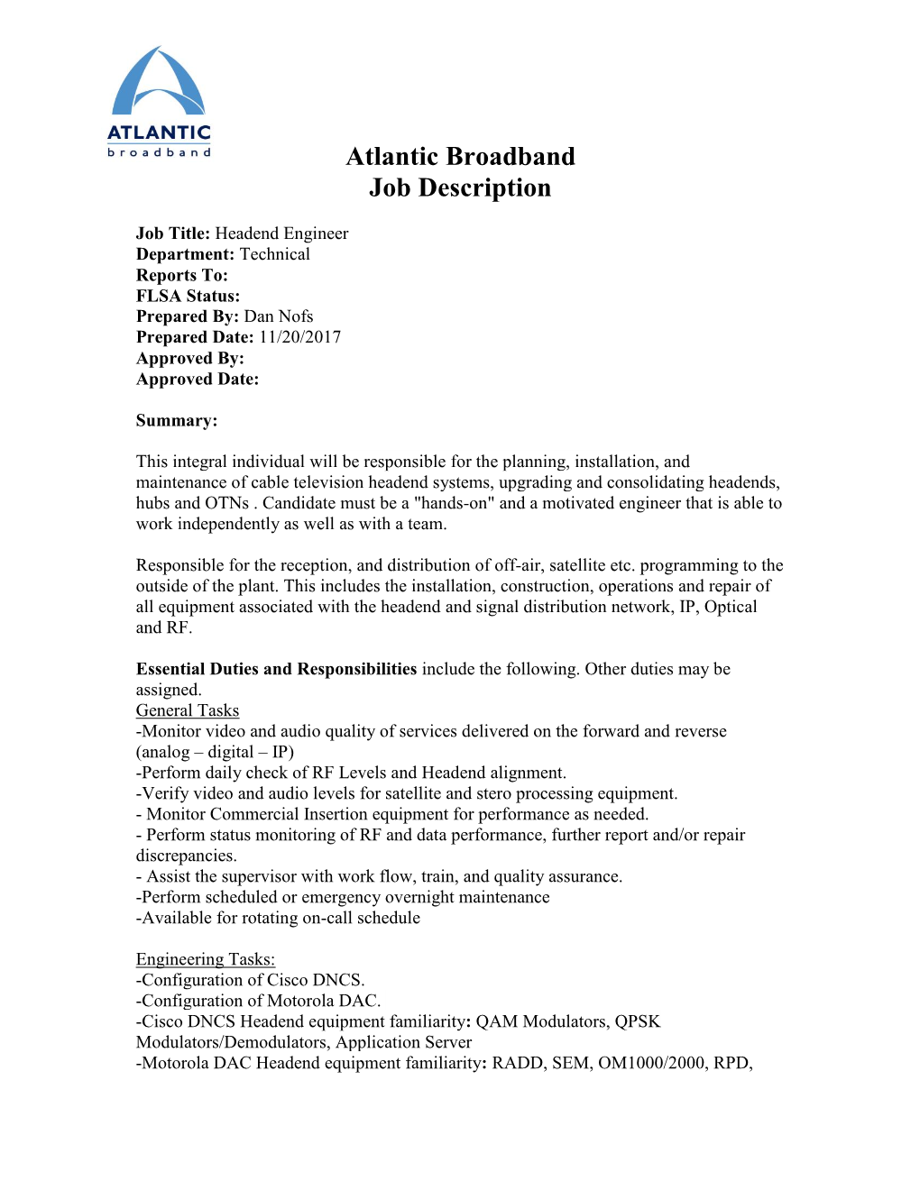 Atlantic Broadband Job Description