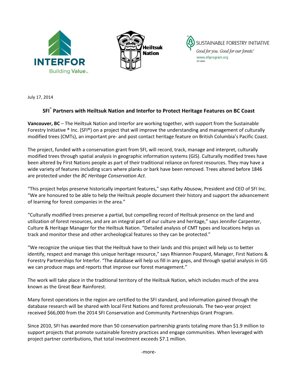 SFI® Partners with Heiltsuk Nation and Interfor to Protect Heritage Features on BC Coast