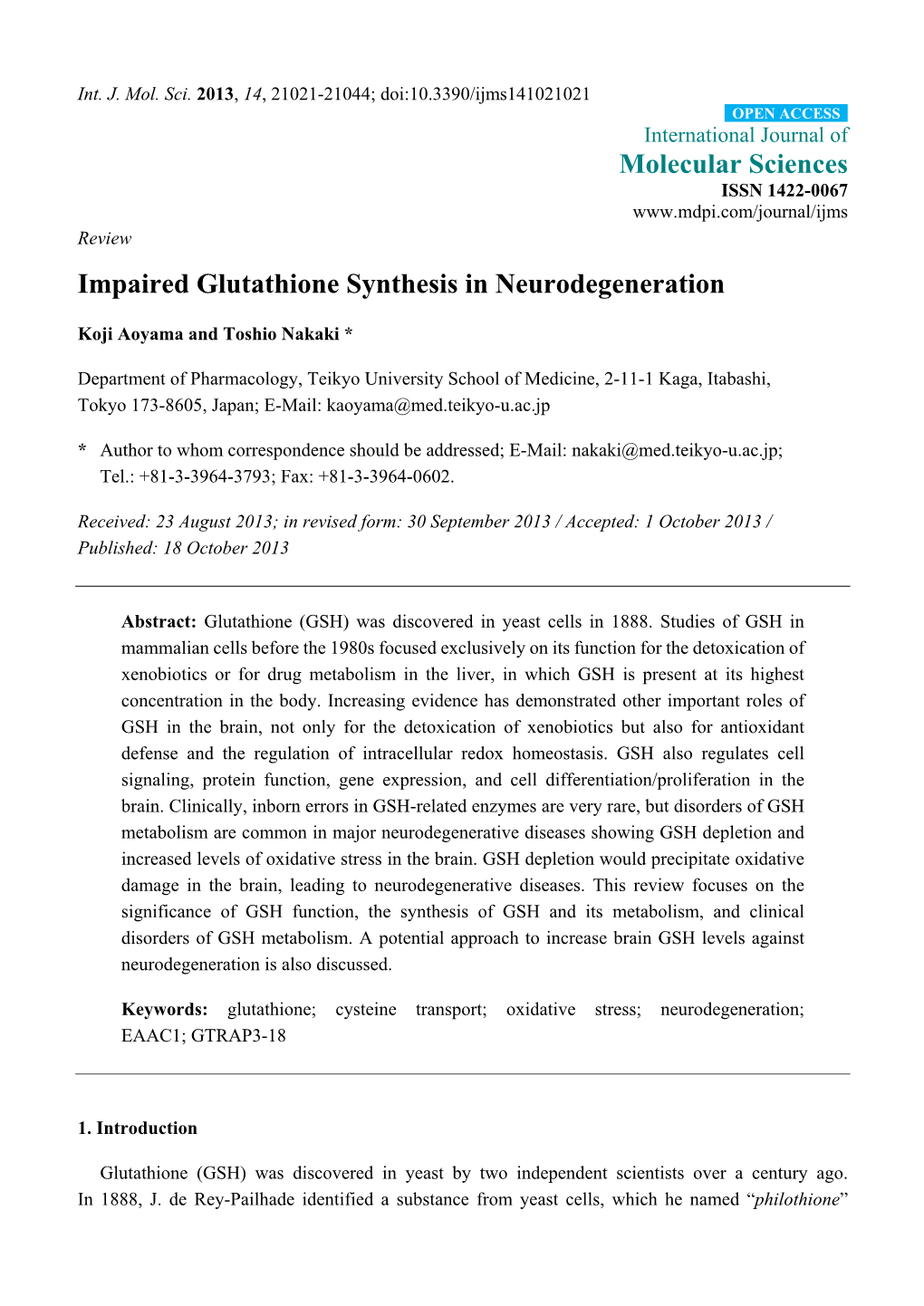 Impaired Glutathione Synthesis in Neurodegeneration