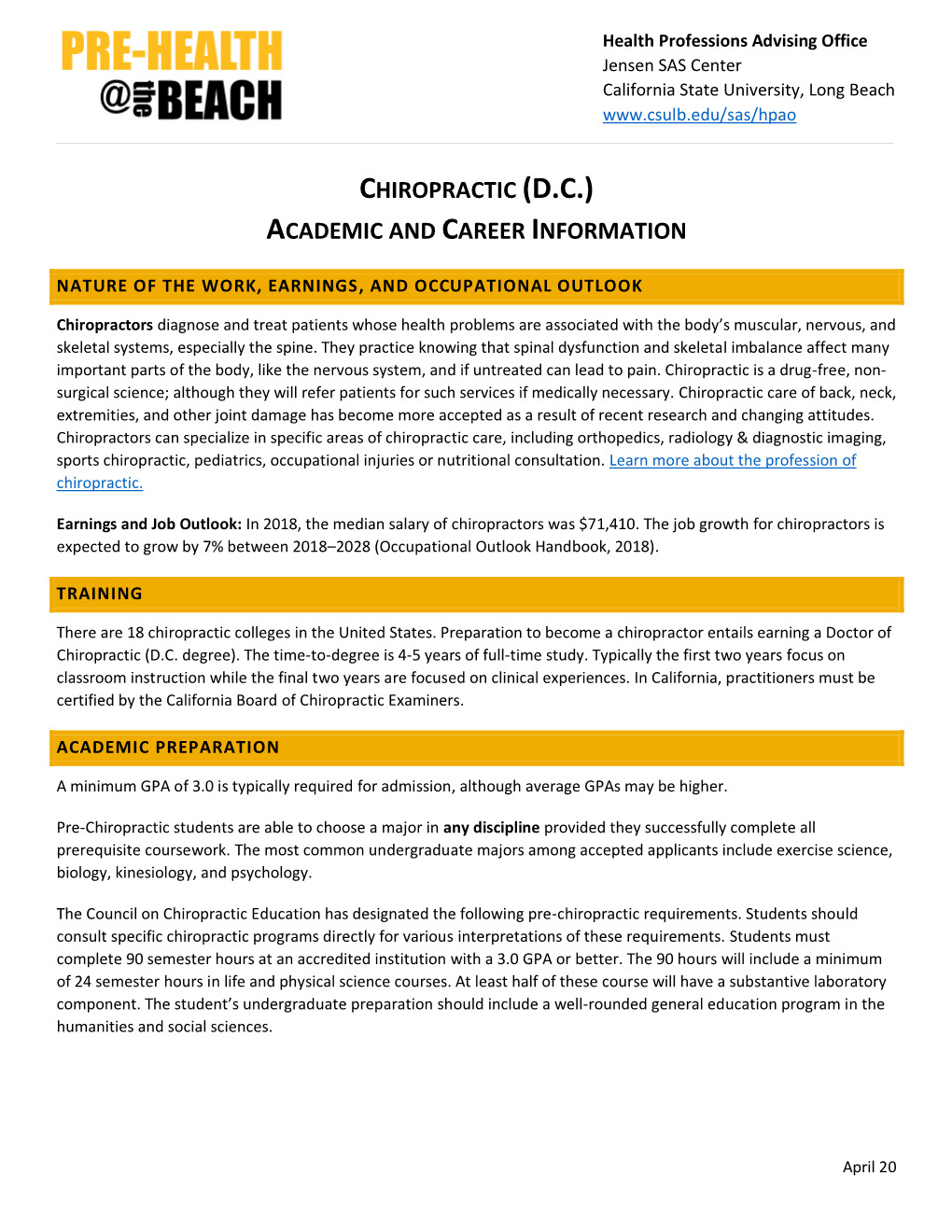 Chiropractic (Dc) Academic and Career Information