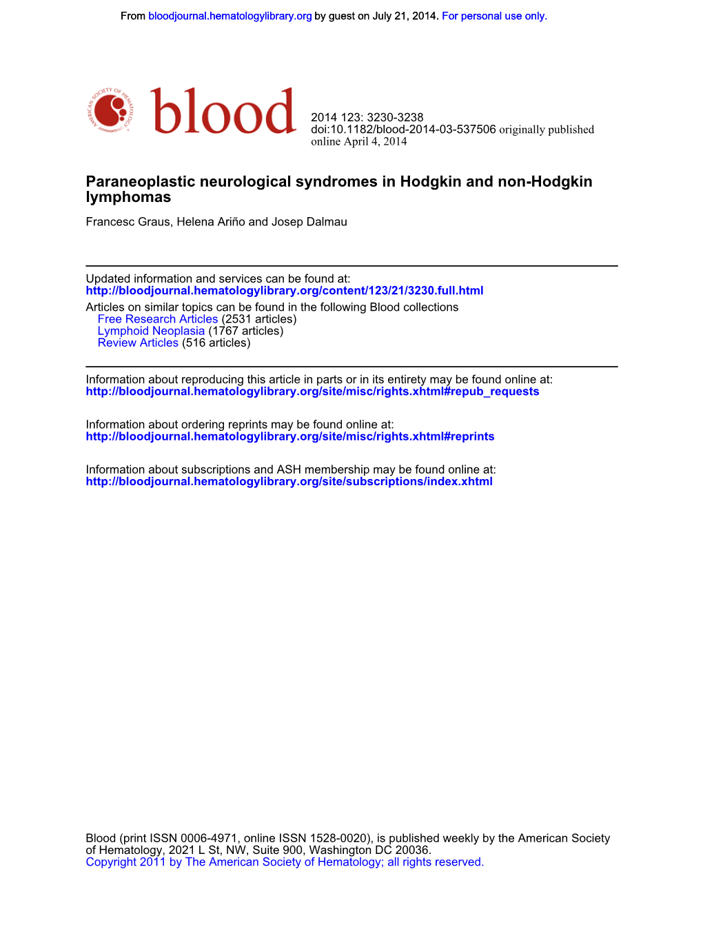 Lymphomas Paraneoplastic Neurological Syndromes in Hodgkin and Non-Hodgkin