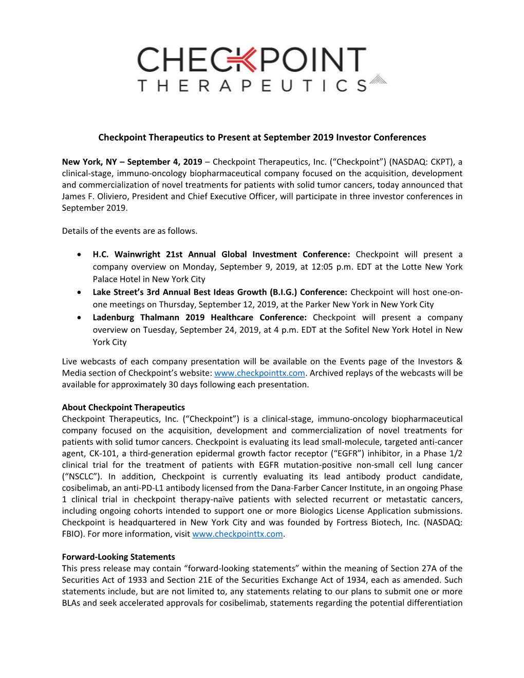 Checkpoint Therapeutics to Present at September 2019 Investor Conferences