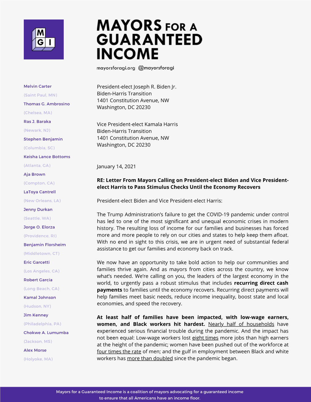 Letter from Mayors Calling on President-Elect Biden and Vice President- Elect Harris to Pass Stimulus Checks Until the Economy Recovers Latoya Cantrell