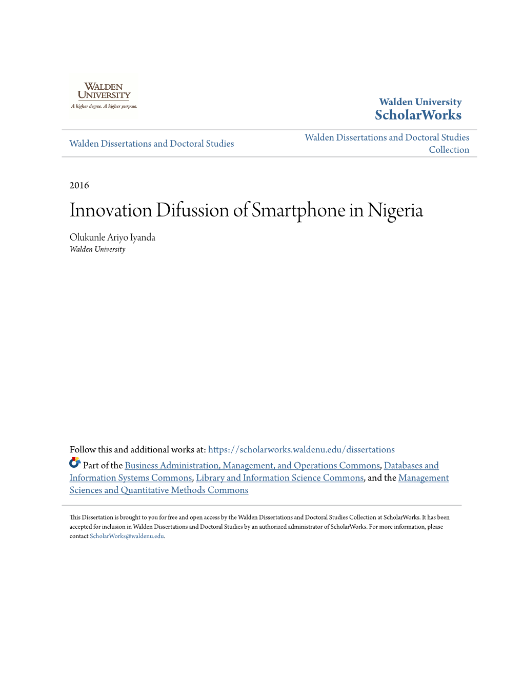 Innovation Difussion of Smartphone in Nigeria Olukunle Ariyo Iyanda Walden University