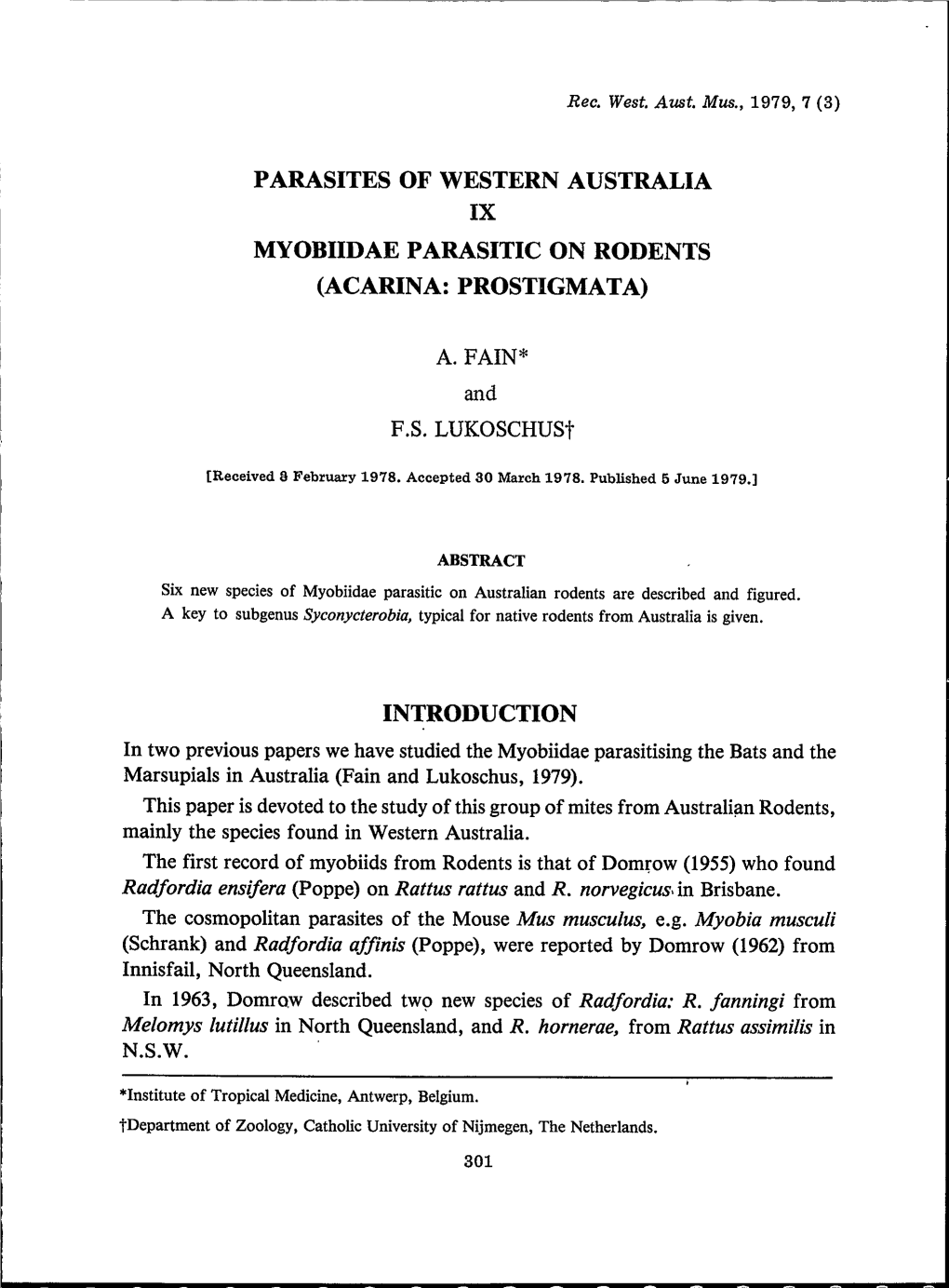 Parasites of Western Australia Ix Myobiidae Parasitic on Rodents (Acarina: Prostigmata)