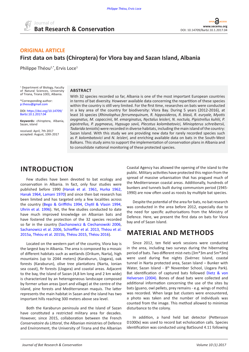 First Data on Bats (Chiroptera) for Vlora Bay and Sazan Island, Albania Philippe Théou1,*, Ervis Loce1