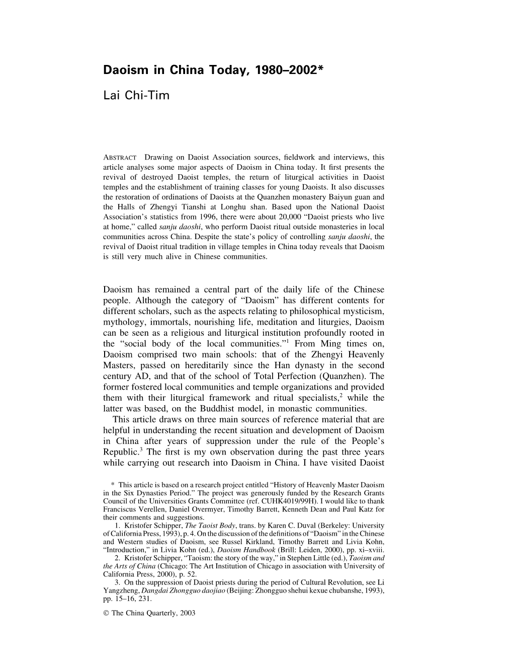 Daoism in China Today, 1980–2002* Lai Chi-Tim