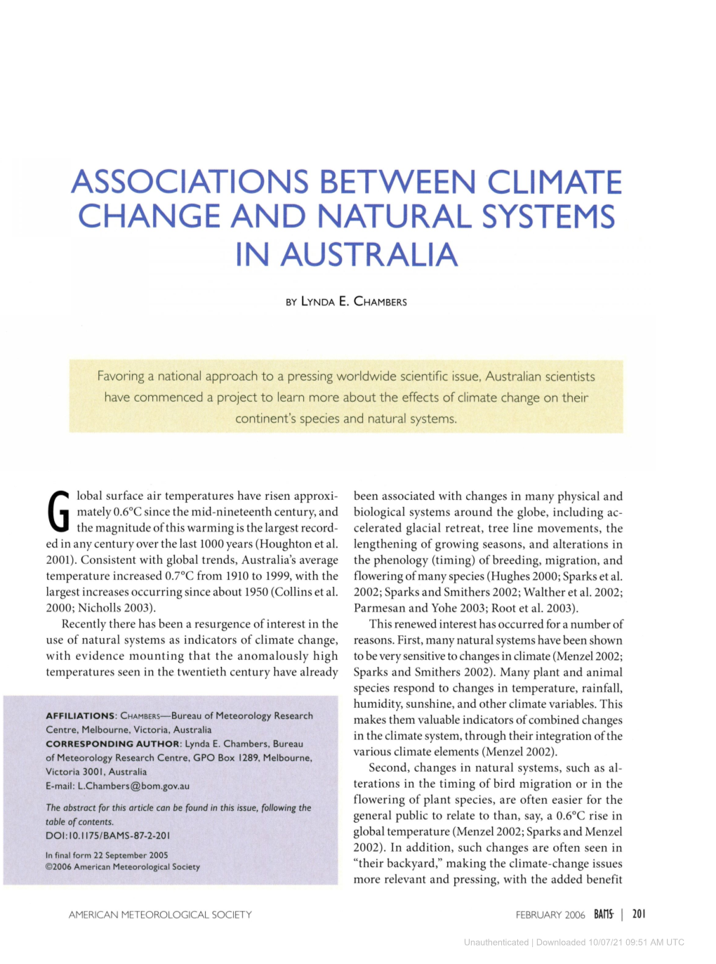 Associations Between Climate Change and Natural Systems in Australia