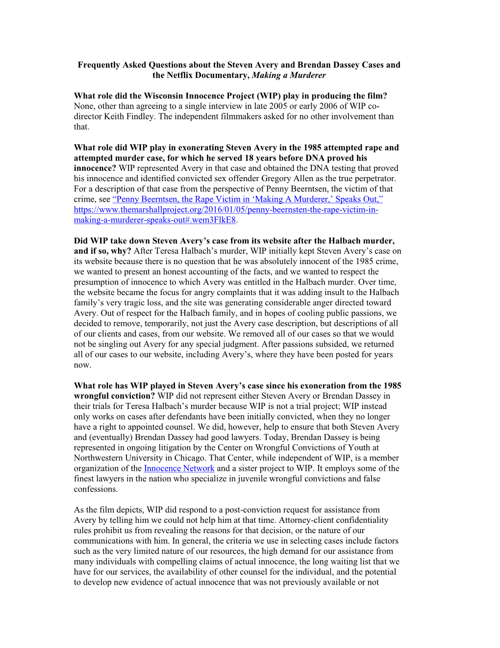 Frequently Asked Questions About the Steven Avery and Brendan Dassey Cases and the Netflix Documentary, Making a Murderer