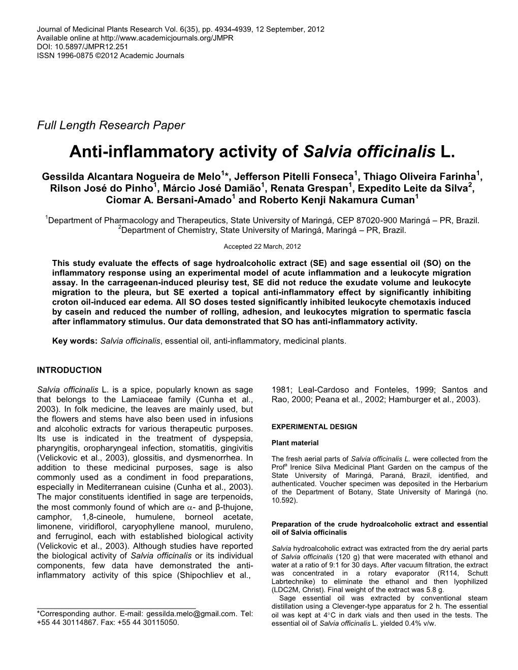 Anti-Inflammatory Activity of Salvia Officinalis L