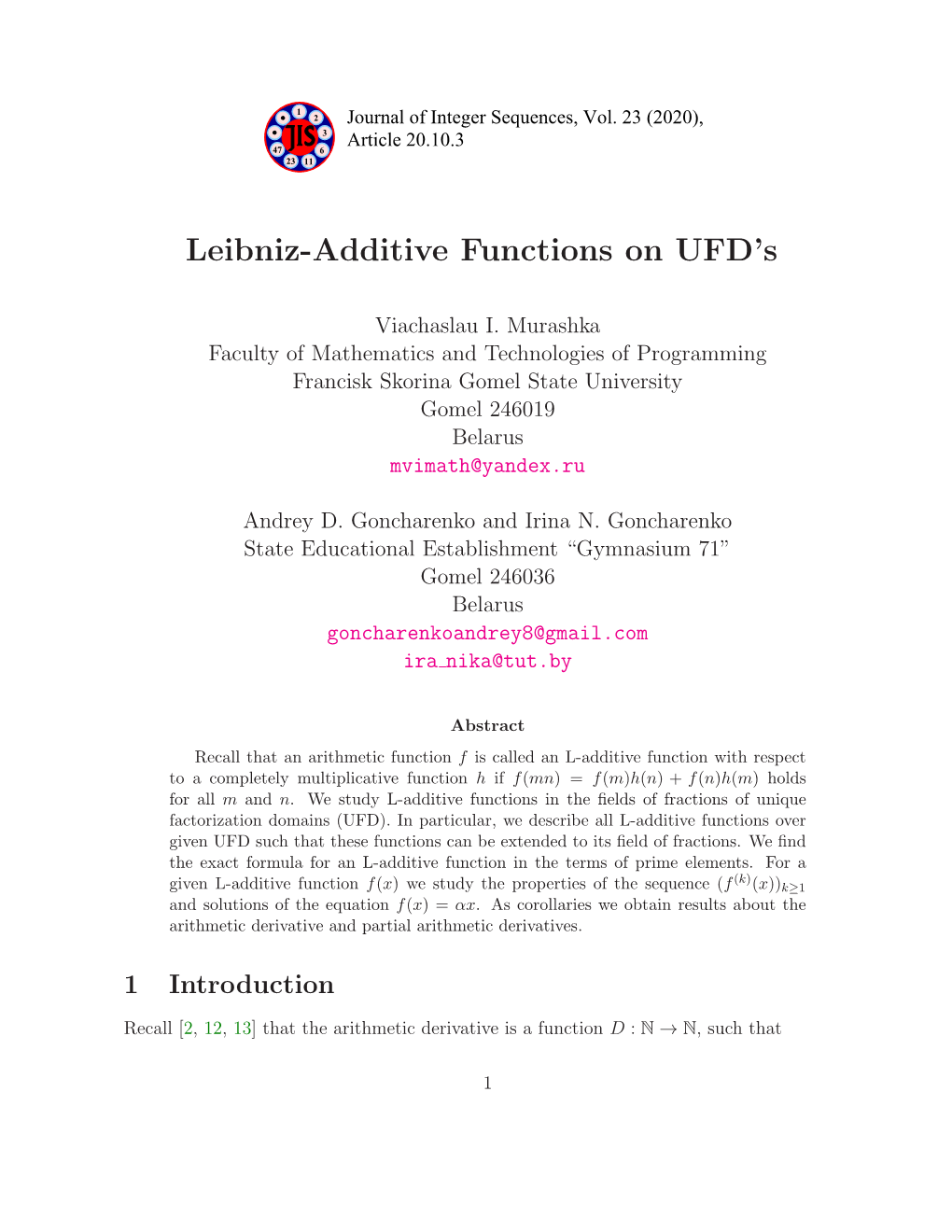 Leibniz-Additive Functions on UFD's