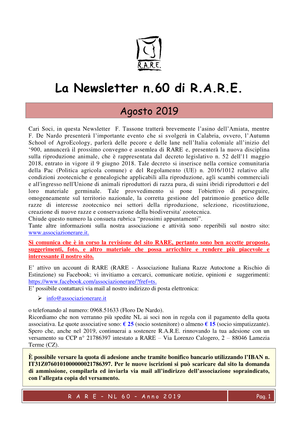 La Newsletter N.60 Di R.A.R.E