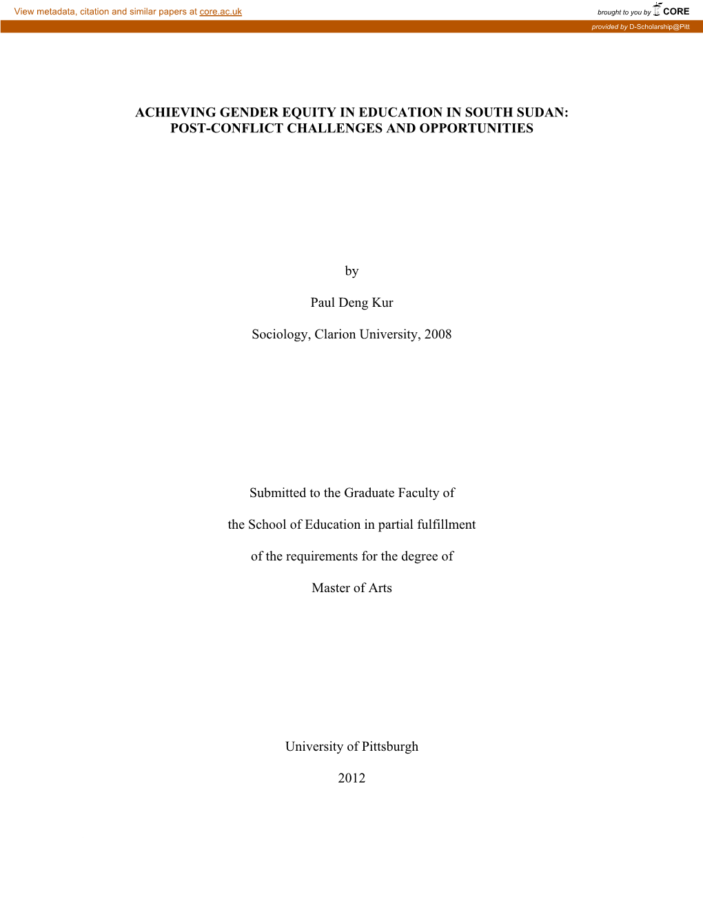 Achieving Gender Equity in Education in South Sudan: Post-Conflict Challenges and Opportunities