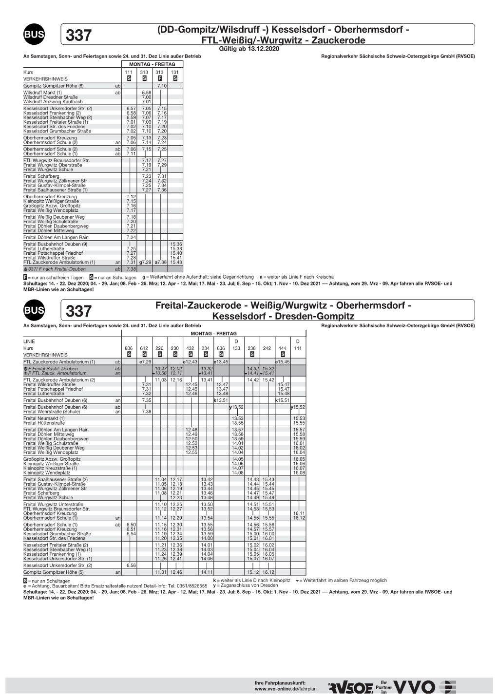 Kesselsdorf - Oberhermsdorf - BUS 337 FTL-Weißig/-Wurgwitz - Zauckerode Gültig Ab 13.12.2020 an Samstagen, Sonn- Und Feiertagen Sowie 24