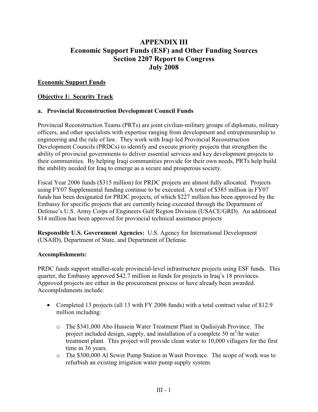 Economic Support Funds (ESF) and Other Funding Sources Section 2207 Report to Congress July 2008