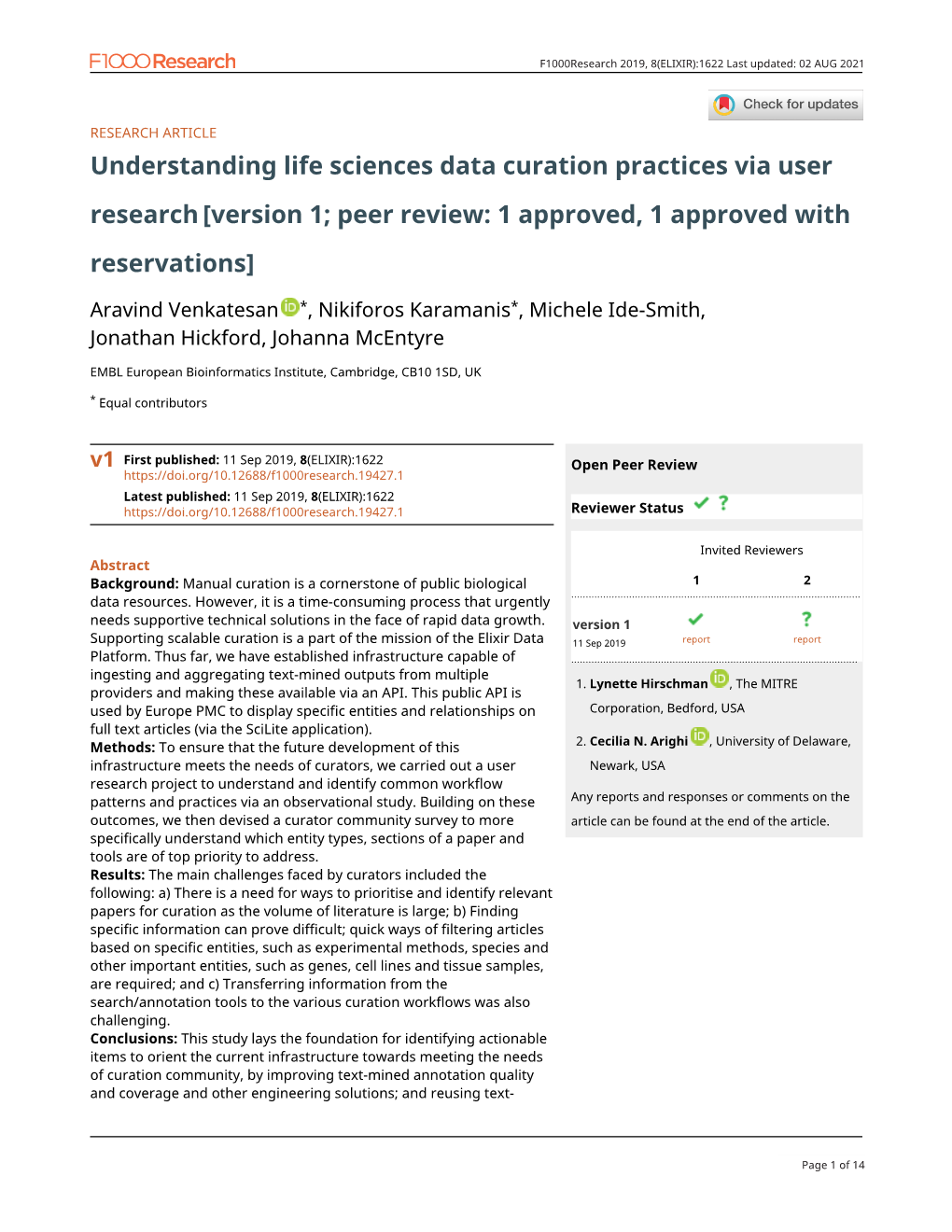 Understanding Life Sciences Data Curation Practices Via User Research [Version 1; Peer Review: 1 Approved, 1 Approved with Reservations]