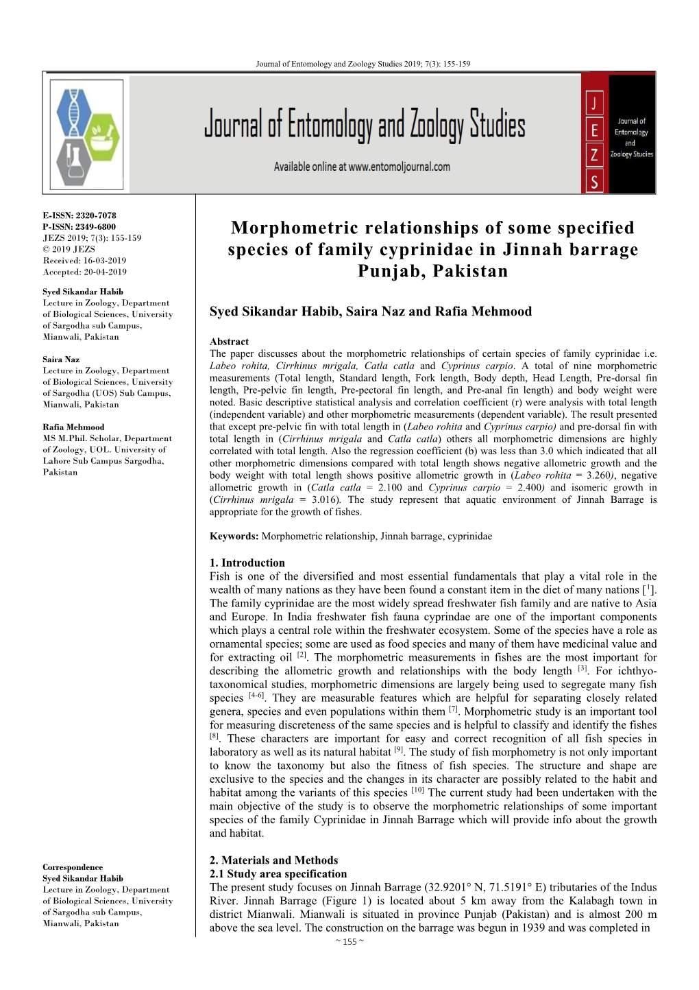 Morphometric Relationships of Some Specified Species of Family